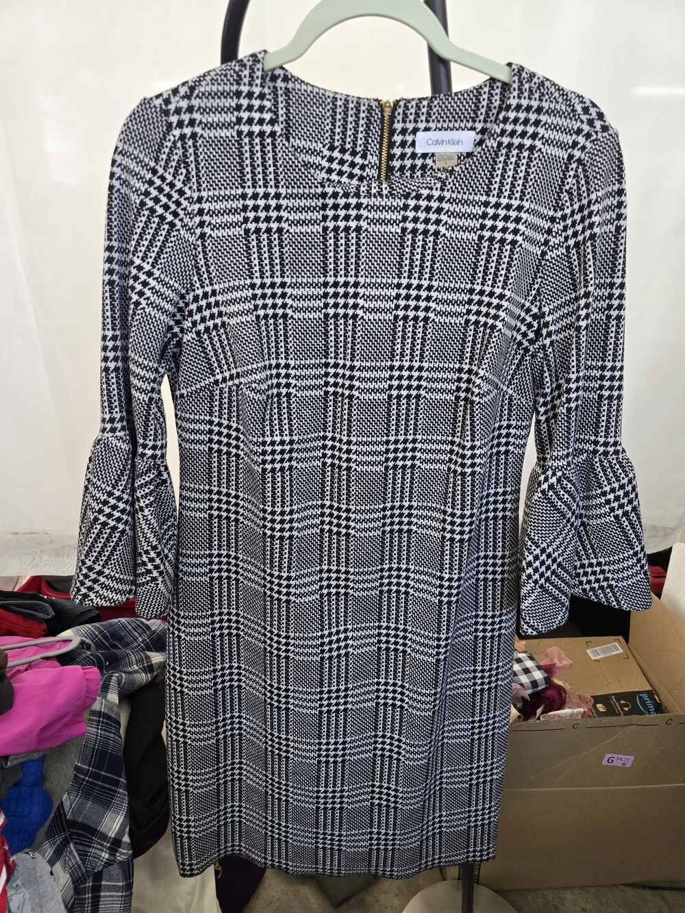 Calvin Klein Black and White Plaid Midi Dress with Bell Sleeves